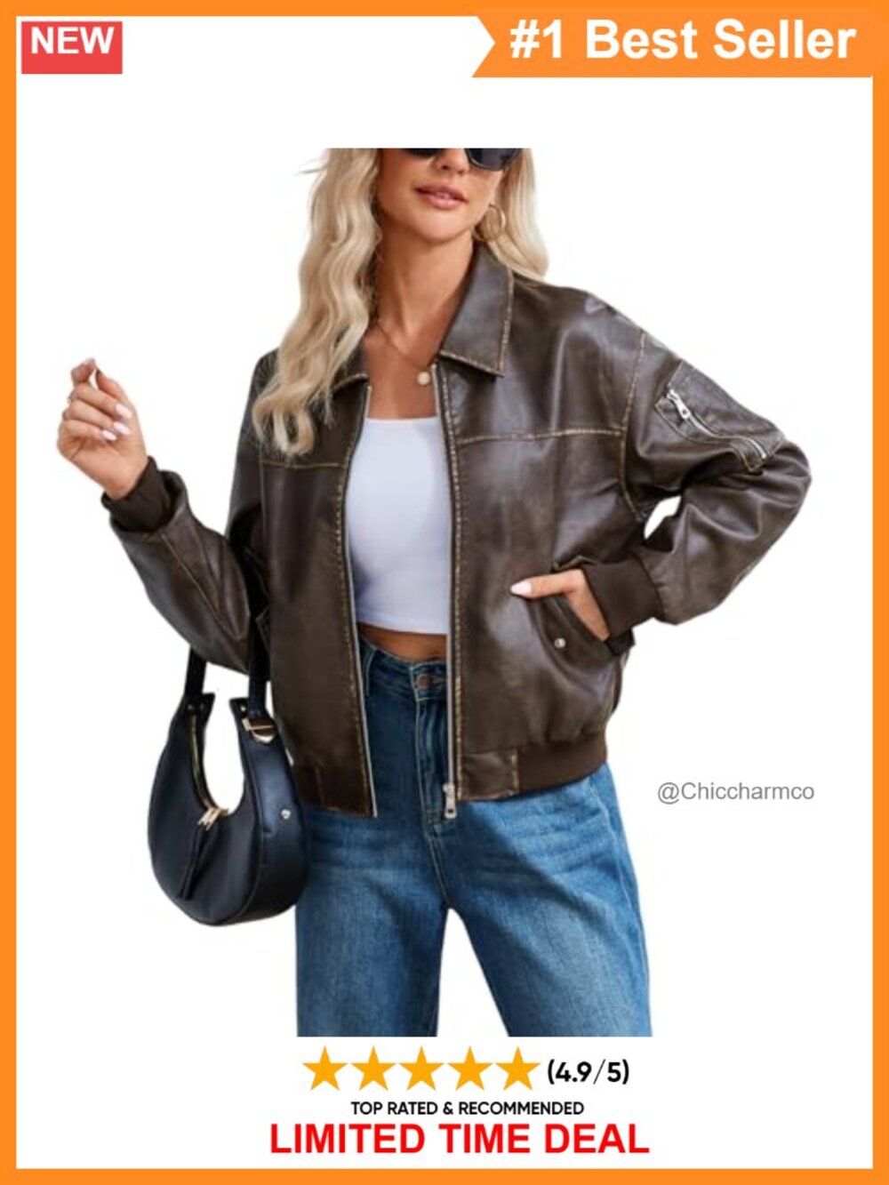 Oversized Faux Leather Bomber Jacket Zip Front Casual Coat